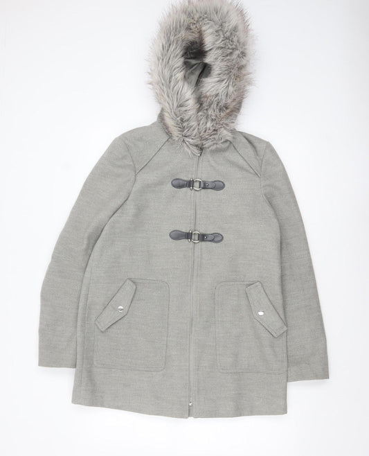 New Look Women's Grey Faux Fur Hooded Duffle Coat Size 10
