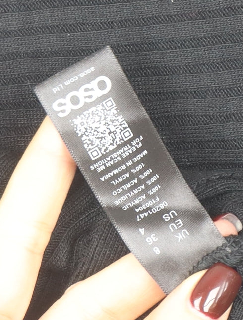 Brand and care label for ASOS Women’s Black High Neck Acrylic jumper, size UK 8