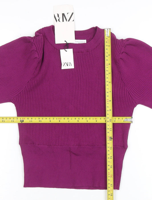 ZARA Women Purple Puff Sleeve Rib Knit Crew Neck Jumper Size 12