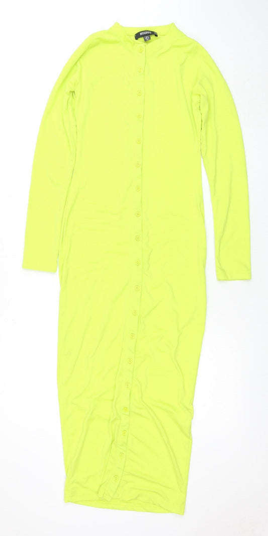 Additional front view of Missguided Women's Yellow Long Sleeve Button Shirt Dress, size 8