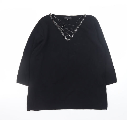 SKY Women’s Black Beaded V-Neck Pullover Jumper Size 4