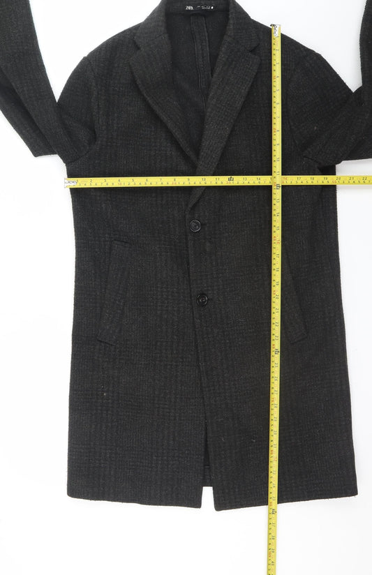Zara Womens Black Long Check Overcoat Size S Classic Wool Look