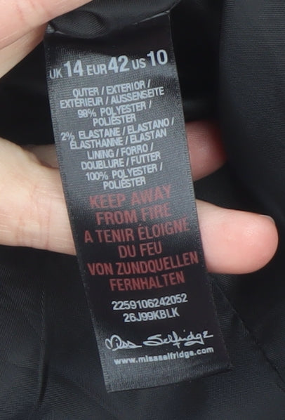 Brand and care label for Miss Selfridge Women’s Black Blazer, size UK 14, Classic Workwear Jacket