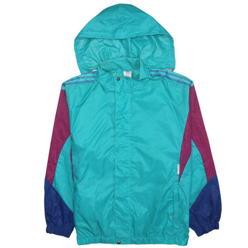 Additional front view of adidas women’s blue windbreaker jacket, size UK 12, retro hooded 90s style