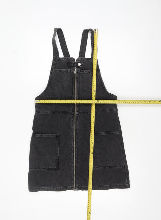 Topshop Women’s Black Denim Pinafore Dress Size 8 Zip Front Casual