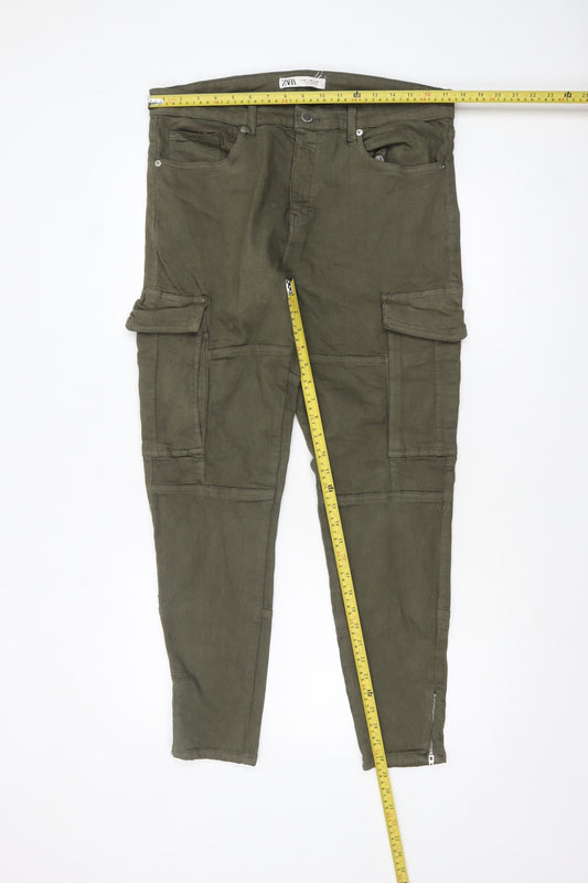 ZARA Women Green Cargo Jeans Size 16 Mid Rise Stretch Cotton