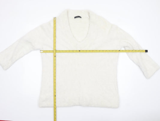 Zara Women White V-Neck Knit Pullover Jumper Size 14