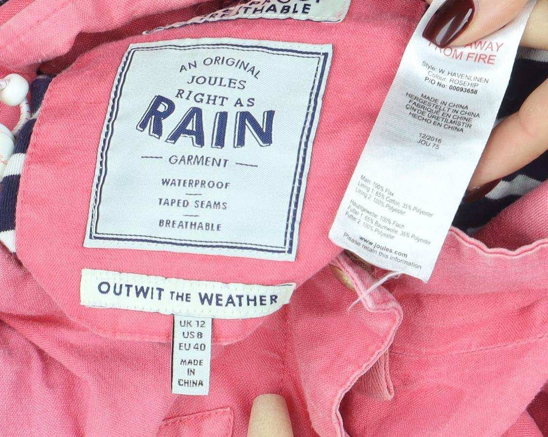 Joules Women Pink Waterproof Hooded Rain Coat Jacket Size 12