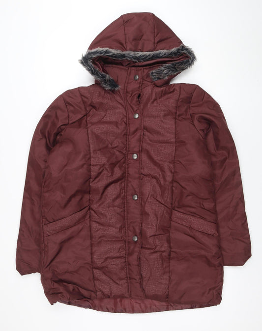 Additional front view of Anne de Lançay Women's Red Hooded Puffer Jacket M Faux Fur Trim