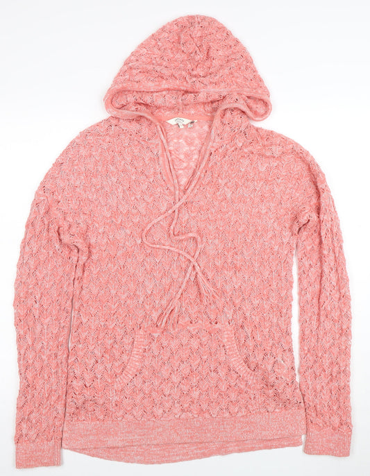 FatFace Women’s Pink Open-Knit Hooded Pullover Jumper Size 12