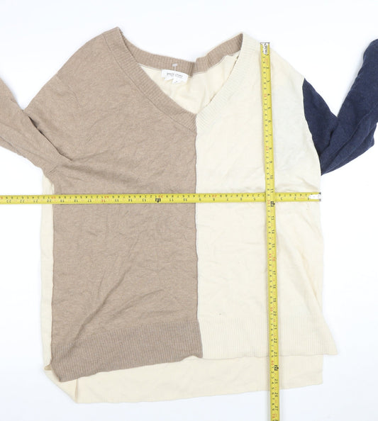 White Stuff Women Beige Cream Blue V-Neck Colourblock Cotton Jumper L