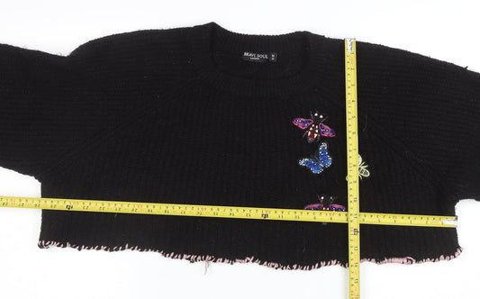 Brave Soul Women's Black Beaded Butterfly Chunky Knit Jumper Size 14