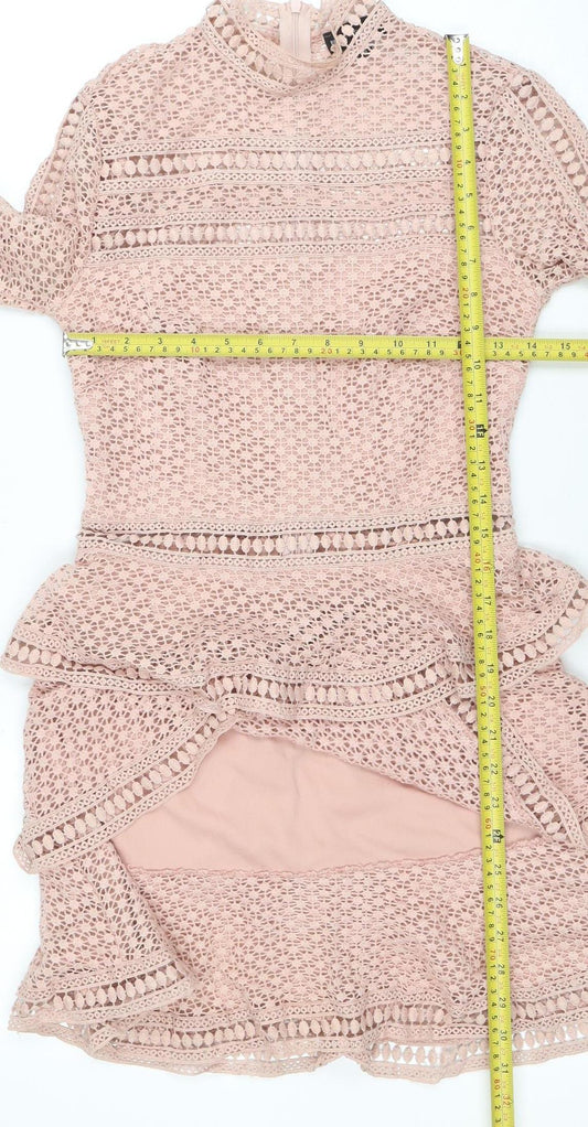 PrettyLittleThing Women's Pink Lace Fit & Flare Dress Size 8