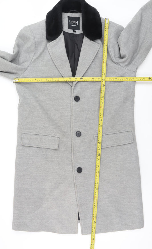 boohooMAN Men's Grey Faux Fur Collar Overcoat L Regular Fit Polyester Blend