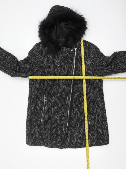 New Look Women's Black Wool Blend Faux Fur Hooded Coat Size 12