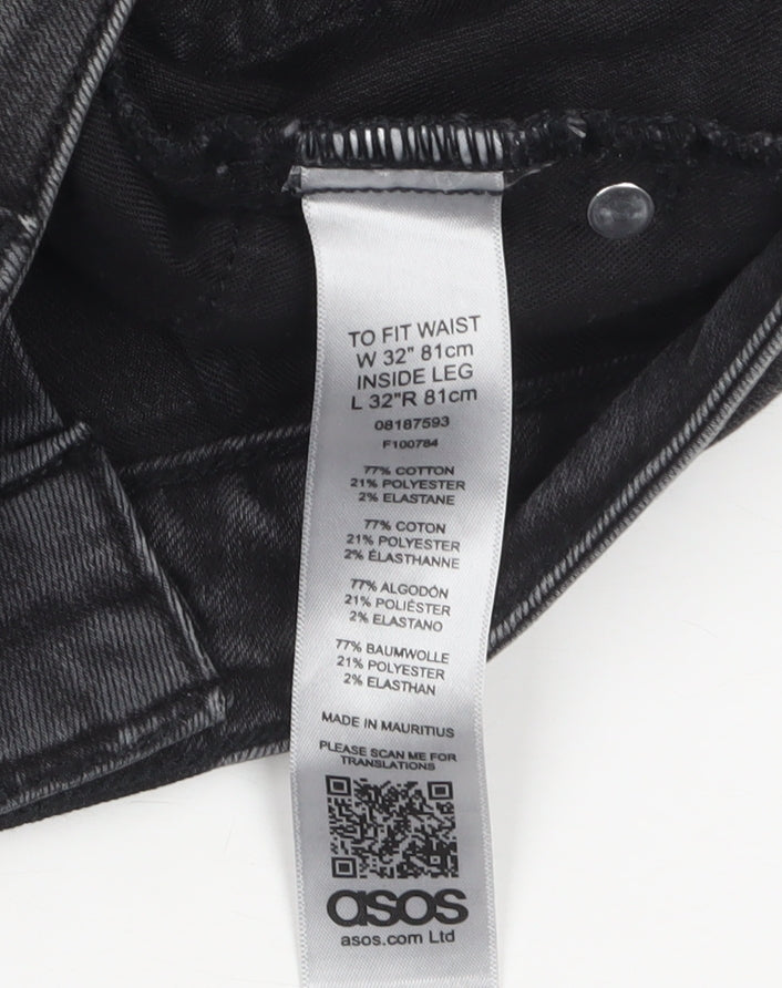 Brand and care label for ASOS Men's Black Distressed Skinny Jeans 32W 32L Slim Fit Denim