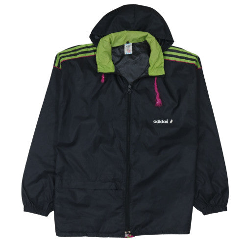 Additional front view of Adidas women’s black windbreaker jacket, size UK 12, hooded retro sports style