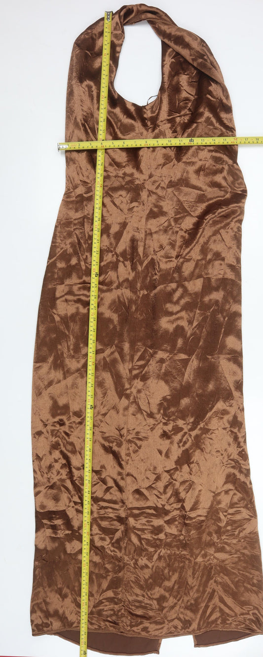 Next Women’s Brown Satin Slip Dress UK 14 Tall Cowl Neck