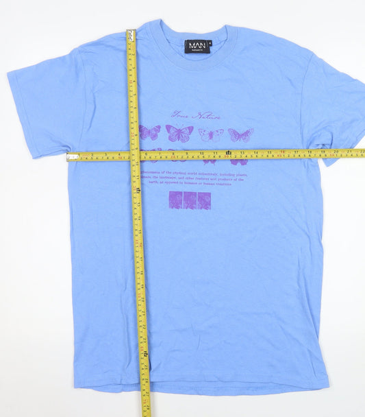 boohooMAN Men Blue Butterfly Graphic Cotton T-Shirt Size M Regular Fit