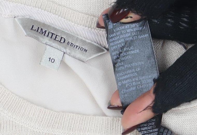 Brand and care label for Marks & Spencer Limited Edition Beige Lace Trim Long Sleeve Knit Blouse, size 10