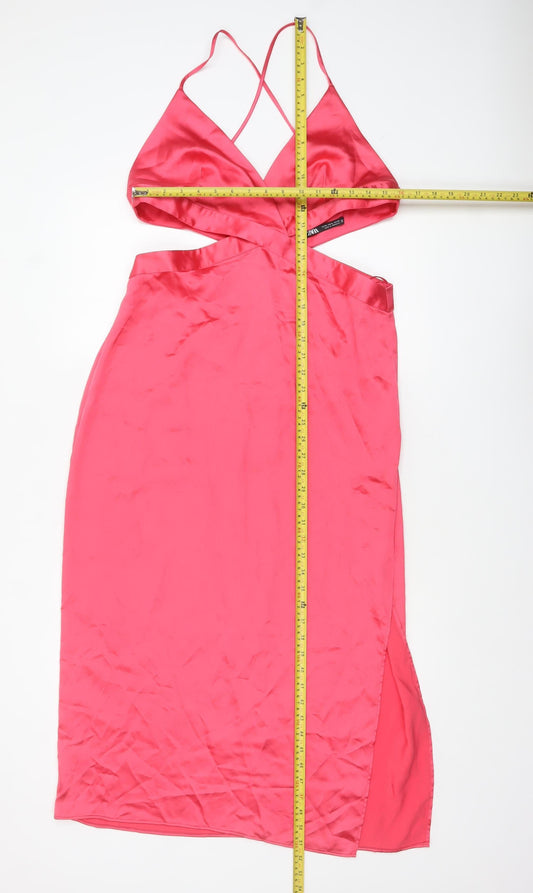 Zara Women Pink Satin Cut Out Slip Midi Dress XL