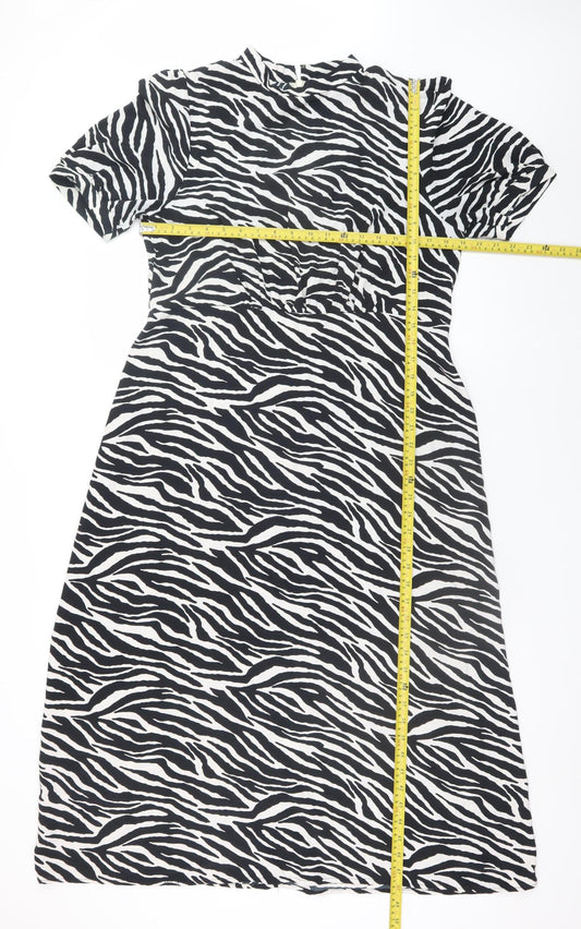 Peacocks Women Black Zebra Print Midi A-Line Dress Size 14