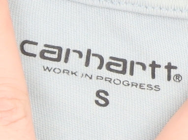 Brand and care label for Carhartt Blue unisex adults small graphic short sleeve cotton t-shirt