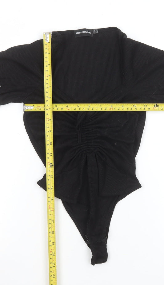 PrettyLittleThing Womens Black Bodysuit Size 4 Ruched Puff Sleeve