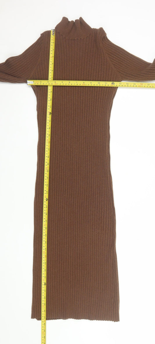 ASOS Women’s Brown Ribbed Knit Roll Neck Bodycon Midi Dress Size 10