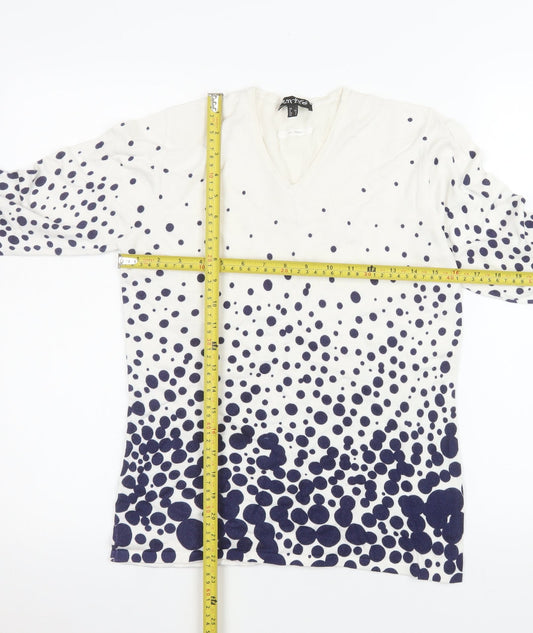 Marble Women White Polka Dot V-Neck Long Sleeve Pullover Jumper Size 10