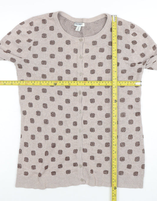 Old Navy Women Beige Polka Dot Cardigan M Knit Crew Neck