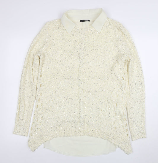 Quiz Womens Ivory Collared Sequin Knit Long Sleeve Pullover Jumper Size 16