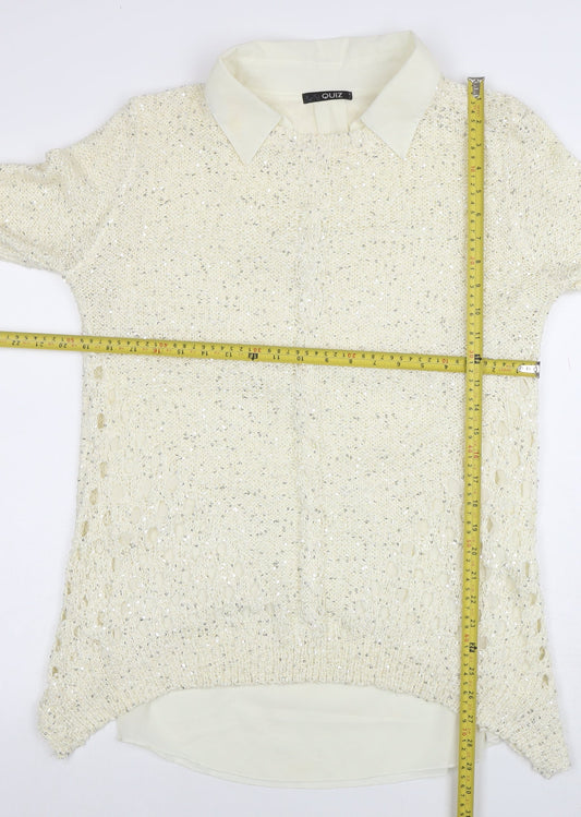 Quiz Womens Ivory Collared Sequin Knit Long Sleeve Pullover Jumper Size 16