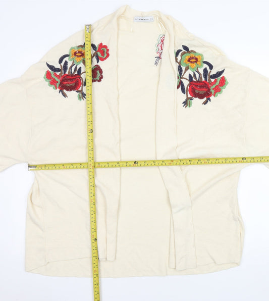 Zara Women Ivory Floral Embroidered Knit Cardigan Size 12