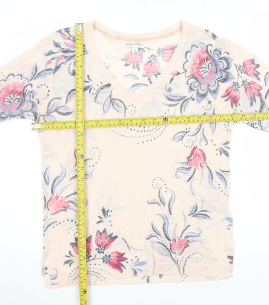 Monsoon Womens Beige Floral V-Neck Short Sleeve T-Shirt M