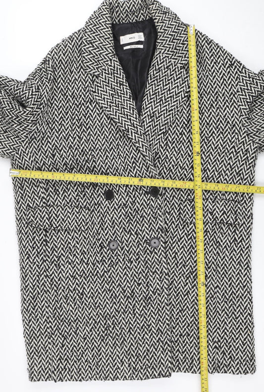 Mango Women’s Black Herringbone Wool Blend Mid-Length Coat Size M