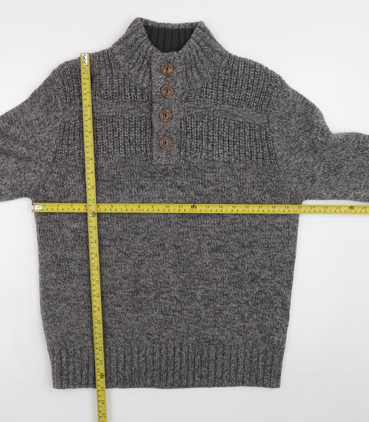 George Men’s Grey High Neck Henley Jumper Small Acrylic Knit