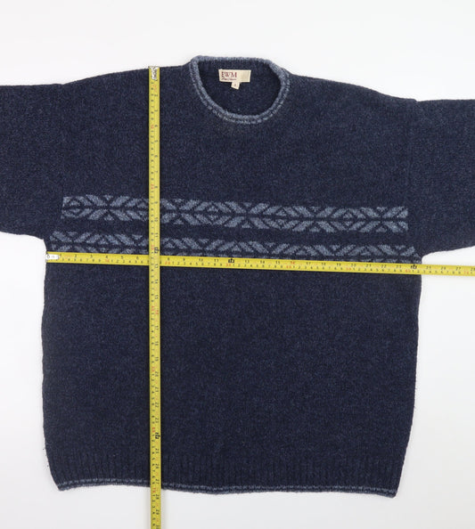 EWM Men's Blue Fair Isle Wool Blend Crew Neck Jumper Size L