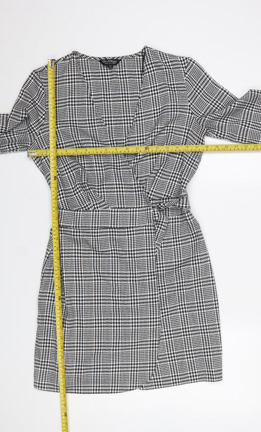 Miss Selfridge Women Black Check Wrap Dress Size 10 Long Sleeve