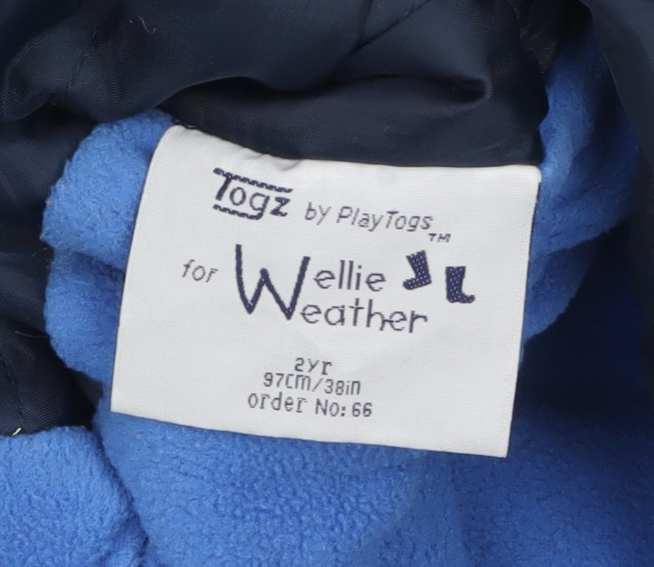 Brand and care label for Togz by PlayTogs boys’ blue waterproof hooded snowsuit 2 years