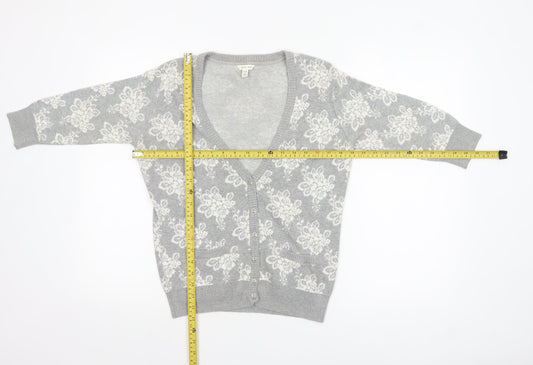 Forever 21 Women’s Grey Floral Knit Cotton Cardigan M V-Neck 3/4 Sleeve