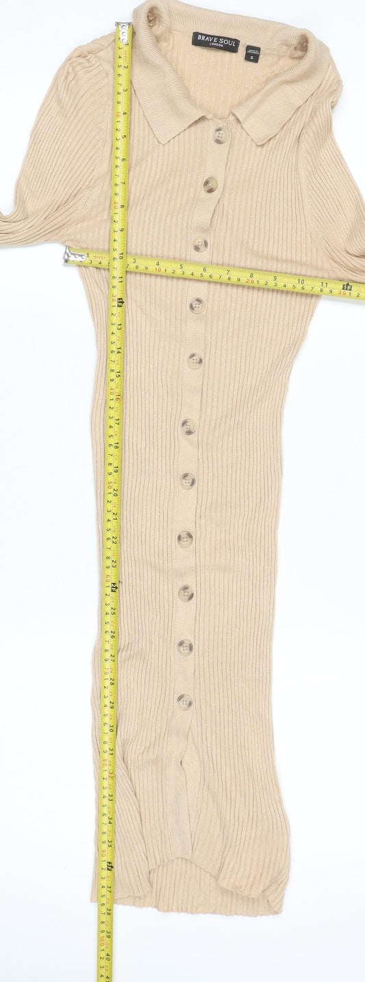 Brave Soul Women's Beige Rib Knit Collared Shirt Dress Size S
