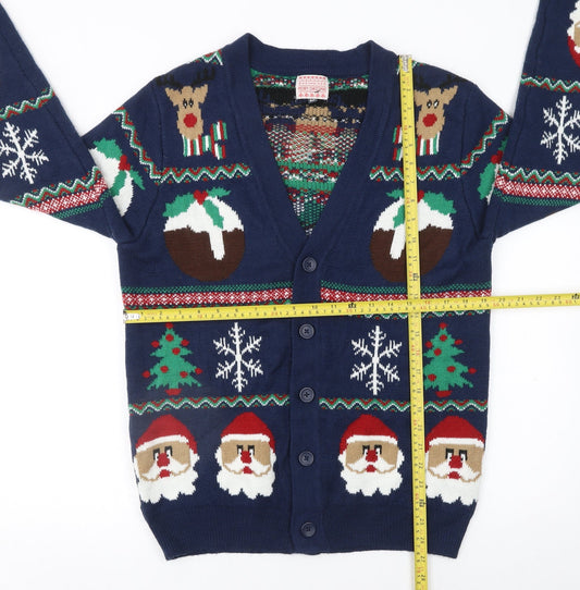 George Mens Blue Christmas Cardigan Medium Reindeer Santa Knit