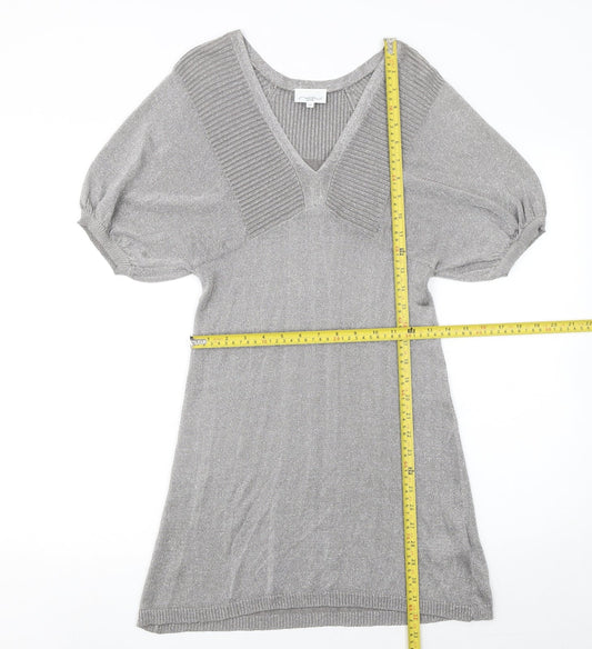 New Look Women’s Grey Metallic Knit V-Neck Shift Dress Size 10