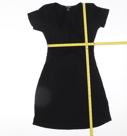 Boohoo Women Black Size 8 Wrap Dress Short Sleeve V-Neck
