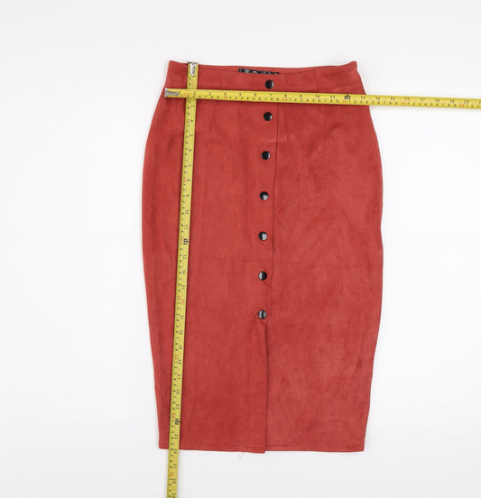 Motel Women’s Red Suede Midi Pencil Skirt UK 8 Button Front