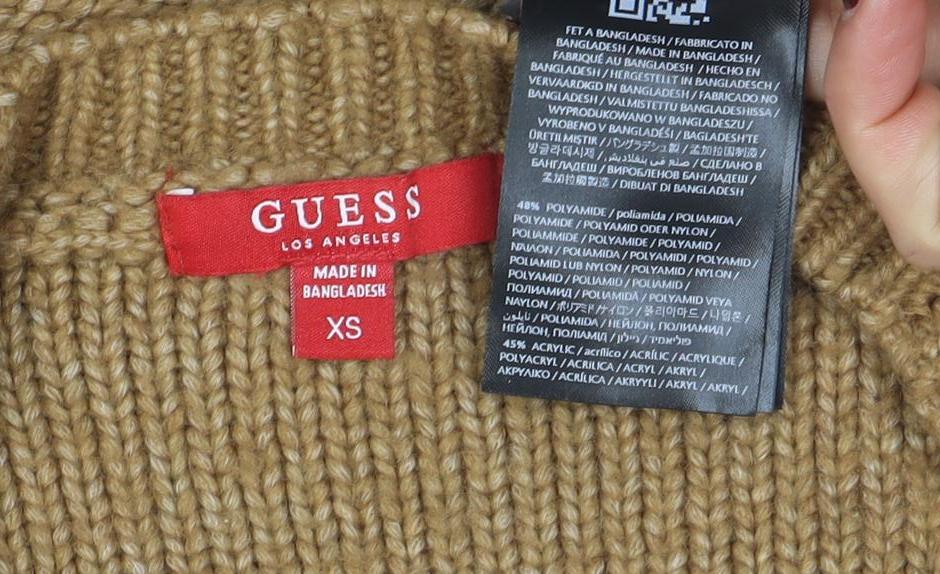 Brand and care label for Guess Women’s Beige Cable-Knit Cardigan XS V-Neck Soft Wool Blend