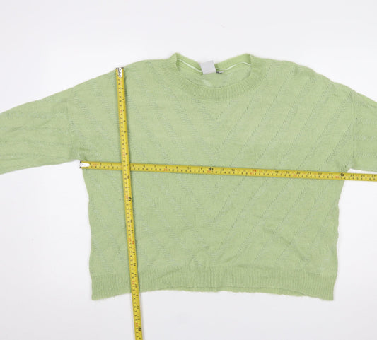 ICHI Women Green Cable-Knit Crew Neck Pullover Jumper Size L