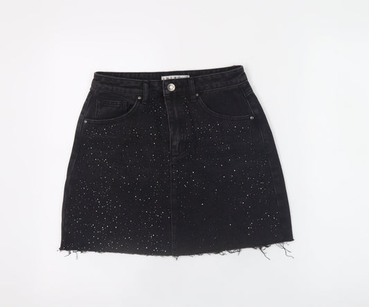 Additional front view of Denim Co. women’s black studded a-line denim skirt, size UK 6