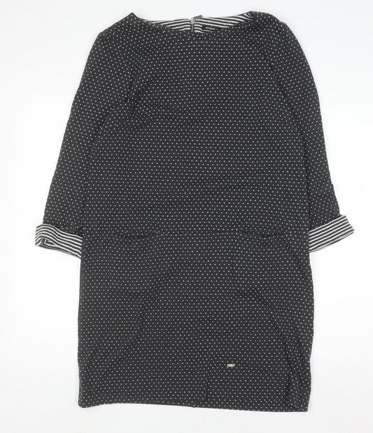 Additional front view of Roman Women’s Black Polka Dot Shift Dress, size UK 14, 3/4 Sleeve Zip Back